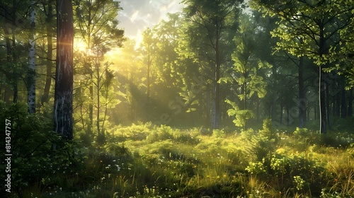 Tranquil Forest Landscape During Golden Hour with Intricate Foliage and Dappled Sunlight