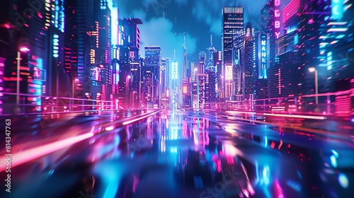 3D wallpaper depicting a futuristic cityscape  front view  Neon glow  digital tone  vivid