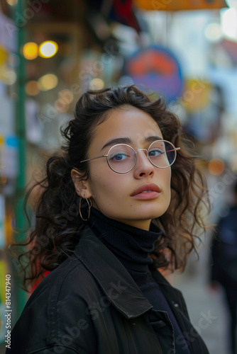 A woman with curly hair and glasses is standing on a street