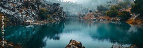 Mountain lake quarry between the hills realistic nature and landscape