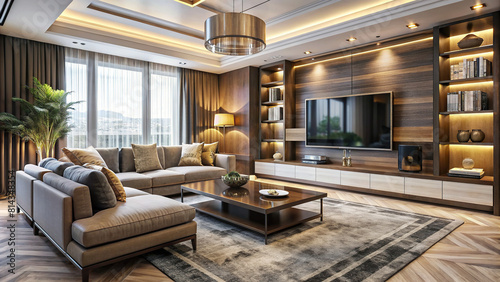 Contemporary living room interior with a luxurious sofa set and an integrated television unit.