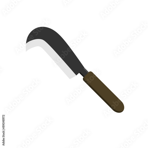 billhook flat design vector illustration isolated on white background. This cutting tool is used widely in agriculture and forestry for cutting woody material such as shrubs, small trees and branch.