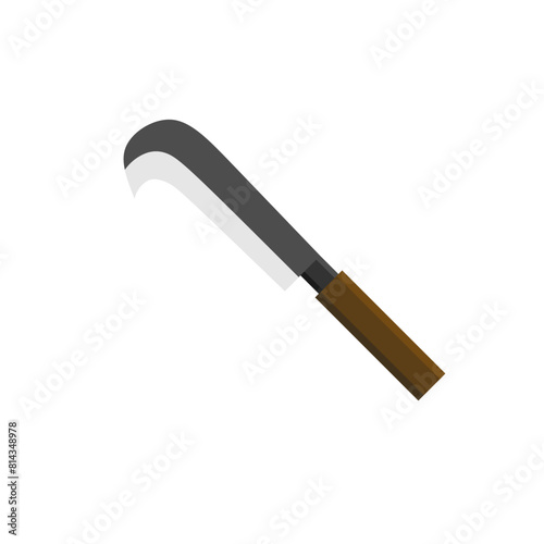 billhook flat design vector illustration isolated on white background. This cutting tool is used widely in agriculture and forestry for cutting woody material such as shrubs, small trees and branch.
