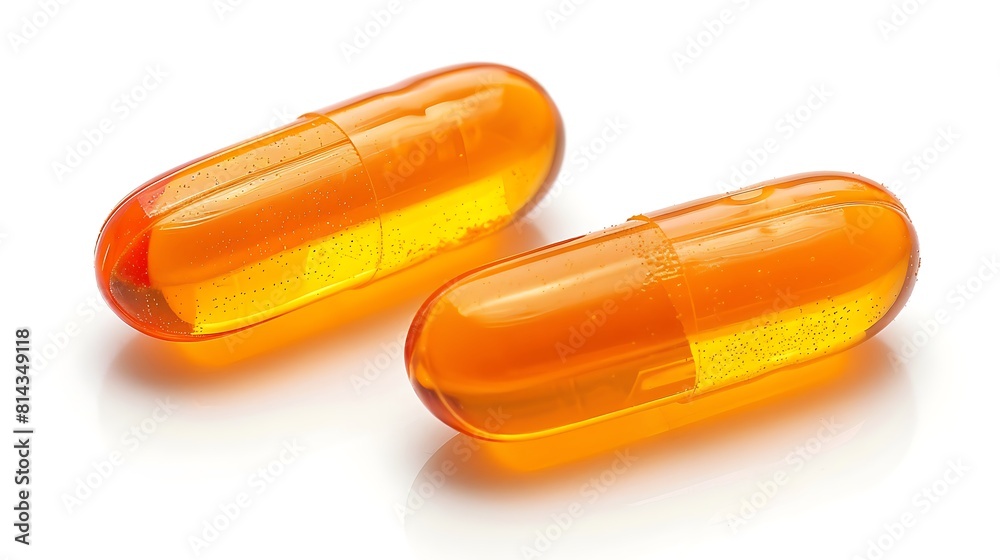 Two orange transparent oval pill tab isolated on white background Two orange transparent oval pill tab isolated on white background