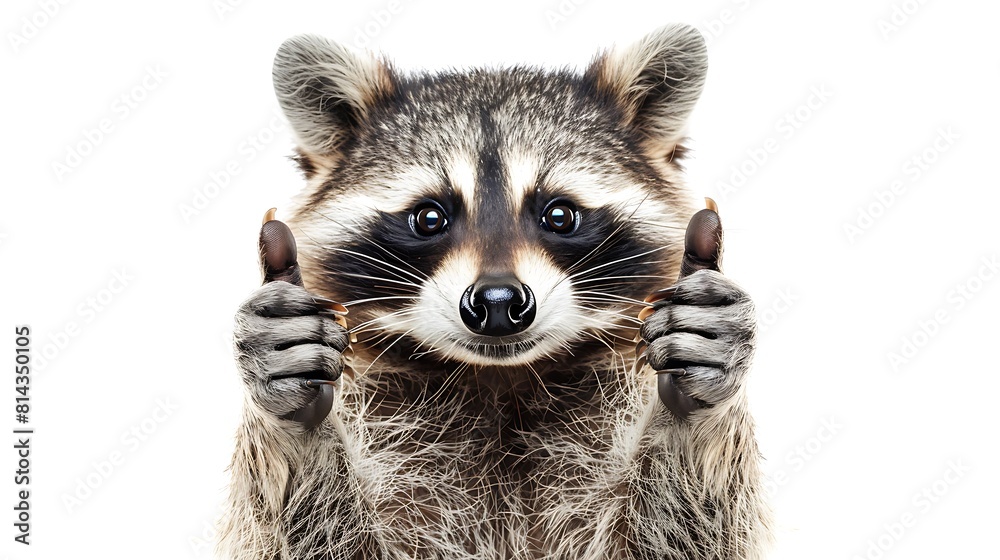 Raccoon showing thumbs up sign on white background 