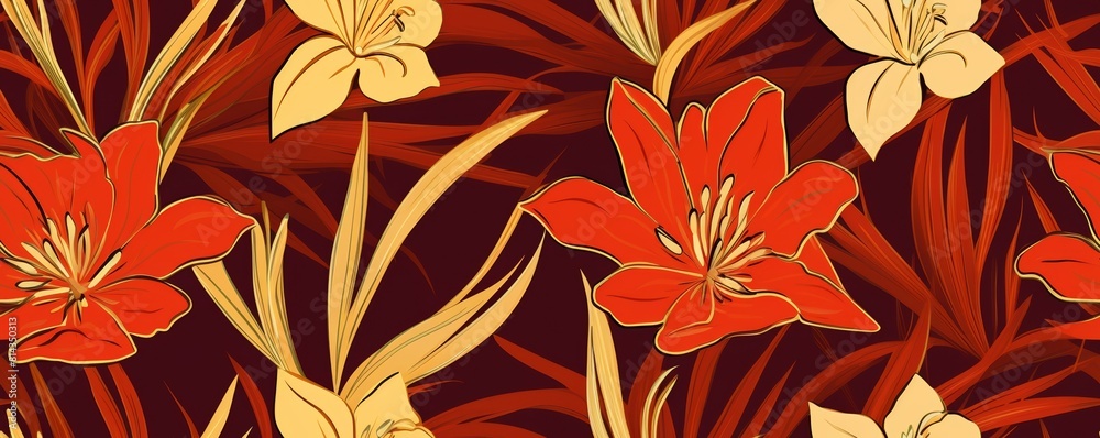 Red and yellow lilies with green leaves. Red and yellow lilies with green leaves.