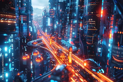 Captivating Futuristic Cityscape with Hovering Vehicles and Neon-Lit Skyscrapers in a Sleek CG 3D Visualization photo
