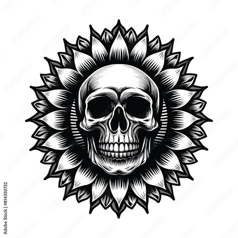 The skull head is in the shape of a sunflower The skull head is in the shape of a sunflower