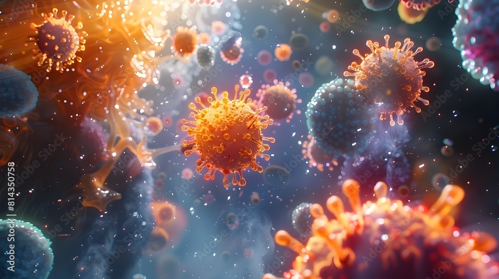 Captivating Aerial Perspective of a Vibrant Microscopic Realm Teeming with Synchronized Immune Cells in a Digital CG 3D Dance of Defense and Captivating Aerial Perspective of a Vibrant Microscopic Realm Teeming with Synchronized Immune Cells in a Digital CG 3D Dance of Defense and