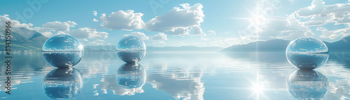 Shiny chrome spheres floating over a tranquil lake  side view  Serene reflections  peaceful tone  Tetradic color scheme