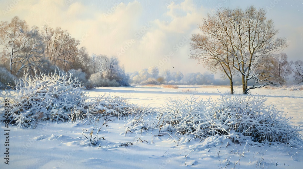A Serene Landscape Painting of a Snow-Covered Countryside A Serene Landscape Painting of a Snow-Covered Countryside