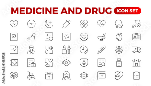 Set of medicine Icons. Simple line art style icons pack. Vector illustration.pharmaceutical. Linear icon collection. Outline icon collection.