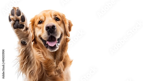 Golden Retriever dog smiling and waving its paw for a high five white background
