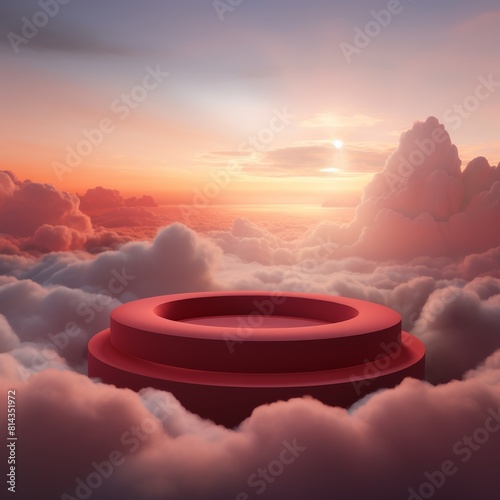 The red podium stands high above the clouds, with a beautiful sunset in the background. photo