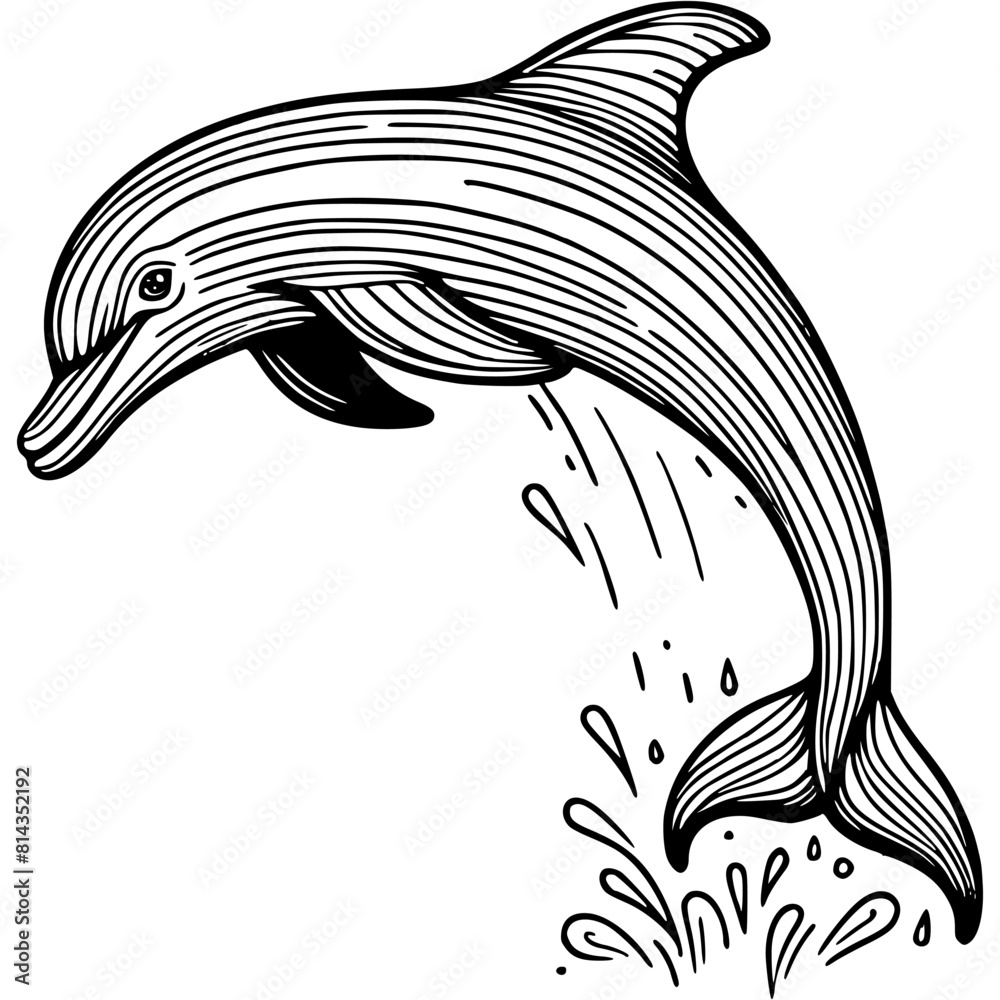 Playful dolphin jumps out of water in monochrome. Dolphin intelligent marine mammal. Simple minimalistic vector in black ink drawing on transparent background Playful dolphin jumps out of water in monochrome. Dolphin intelligent marine mammal. Simple minimalistic vector in black ink drawing on transparent background