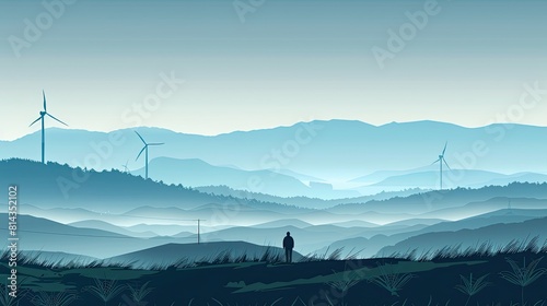 Vector Illustration of the Panoramic Silhouette view of wind turbines silhouette