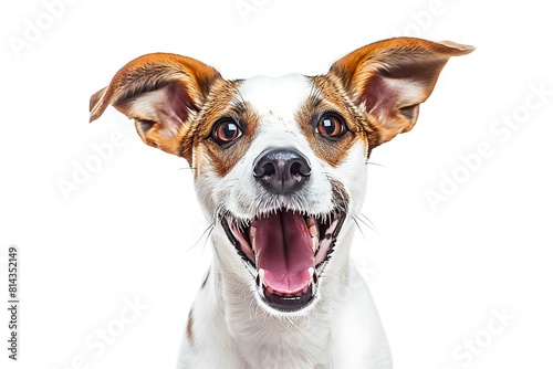 Funny happy dog with open mouth and big ears, funny expression on isolated white background  © Afaq