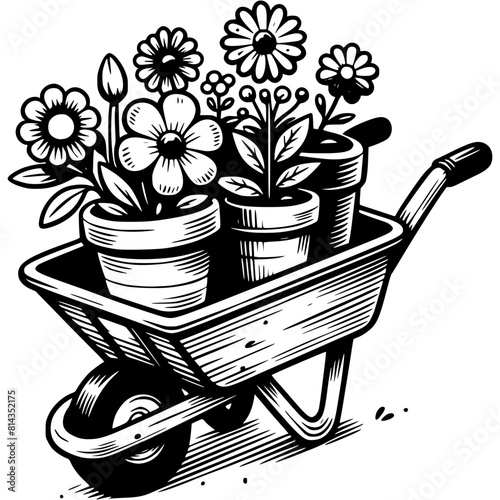 Flowers in ceramic pots stacked in garden cart in monochrome. Transplanting plants from pots into open ground. Simple minimalistic vector in black ink drawing on transparent background