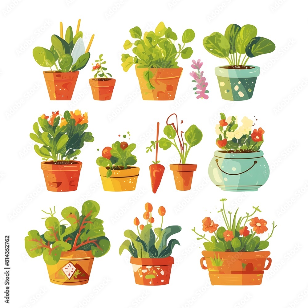 Fototapeta premium Colorful Potted Plants and Flowers in Decorative Ceramic Planters on White Background