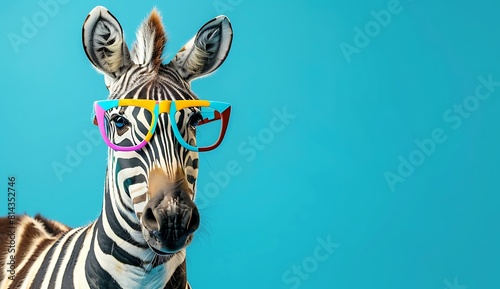 cute zebra with colorful glasses on a blue background  copy space concept