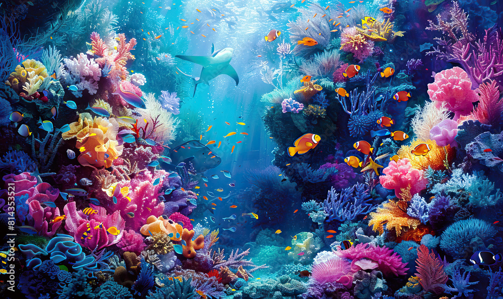 A colorful coral reef bustling with fish and a shark in clear blue waters. Generate AI