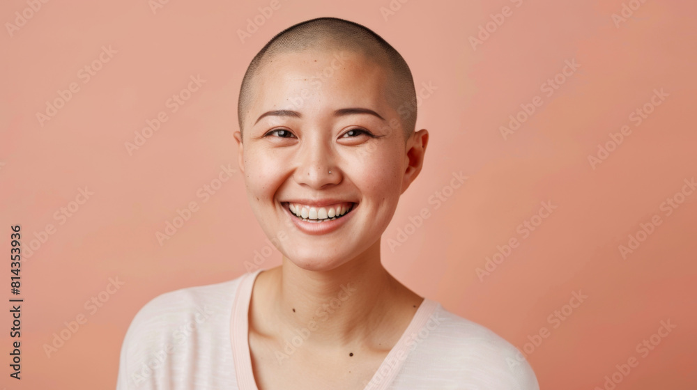 A woman with a shaved head is smiling, cancer patient with chemotherapy