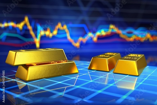 Gold bars resting on a paper with financial graphs, highlighting trends and fluctuations in the gold market
