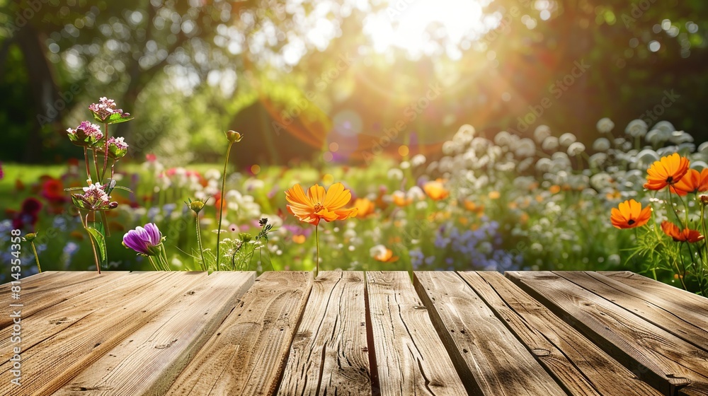 This is a wooden table with a garden of flowers behind it. The flowers are colorful and bright, and the sun is shining through them.

