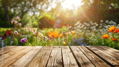This is a wooden table with a garden of flowers behind it. The flowers are colorful and bright  and the sun is shining through them.  