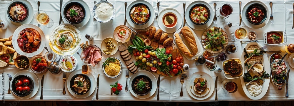 Full table of delicious Dinner party table European foods and drinks