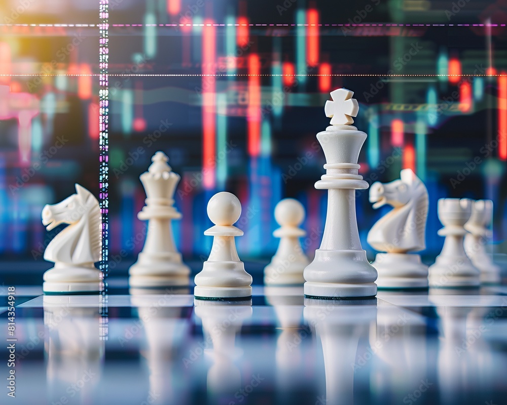 On a chessboard, the precision of moves against a stock graph background mirrors the critical decisions in finance On a chessboard, the precision of moves against a stock graph background mirrors the critical decisions in finance