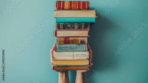 Woman hands holding pile of books over light blue background. Education, library, science, knowledge, studies, book swap, hobby, relax time photo