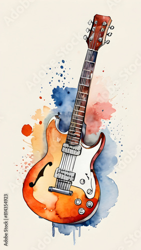 Guitar drawing with watercolor paint. Creative design