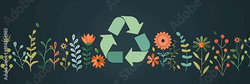 Abstract flat vector illustration of green eco friendly recycling symbol with flowers and plants on a dark background photo
