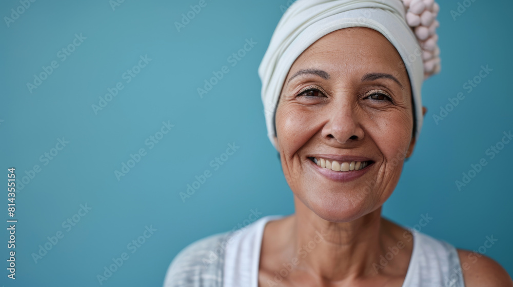 A woman with a shaved head is smiling, cancer patient with chemotherapy A woman with a shaved head is smiling, cancer patient with chemotherapy