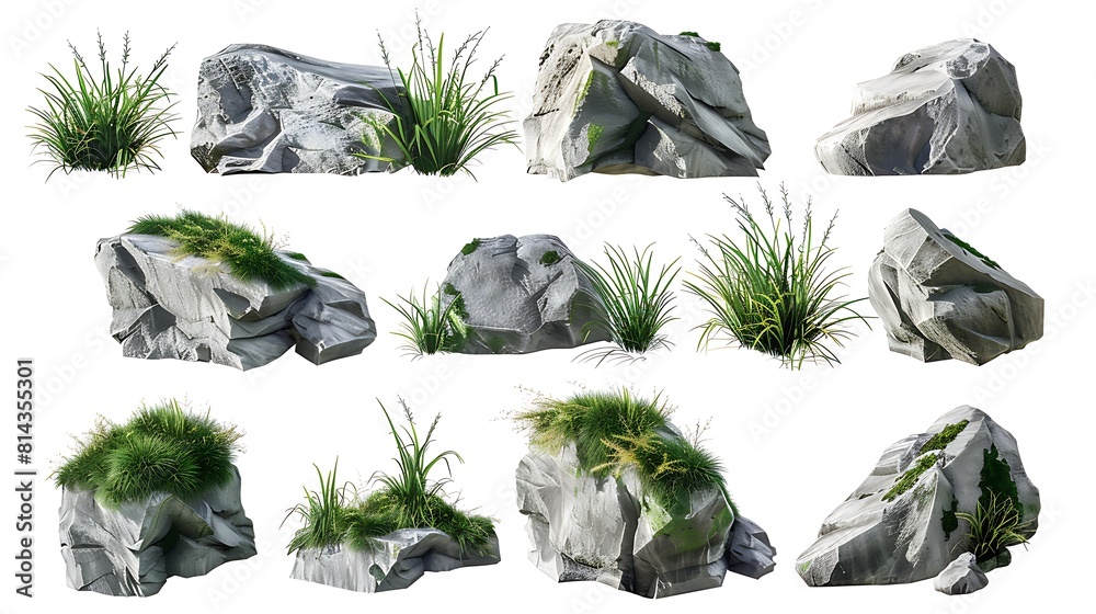 A set of solid rocks with grass isolated on a white background A set of solid rocks with grass isolated on a white background