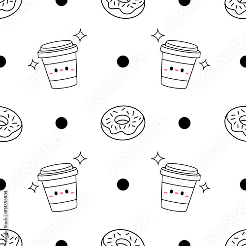 cute cup and donut seamless pattern kawaii style black and white background