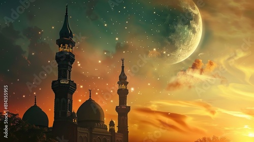 A night sky with a crescent moon and a mosque with blue and purple lighting.

 photo