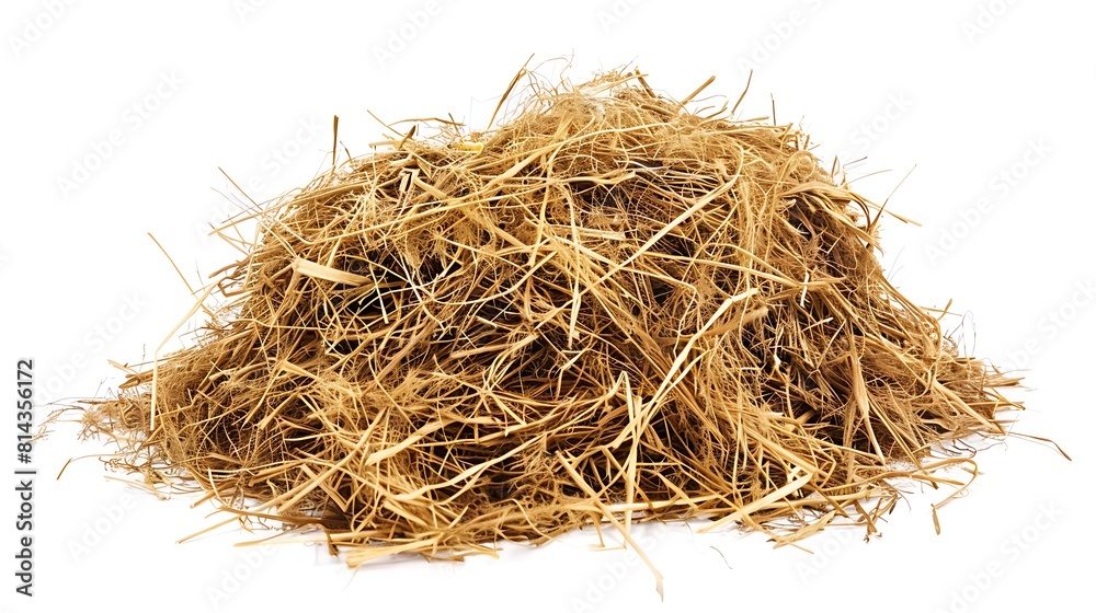 A pile of brown hay isolated on a white background