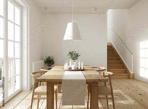 White dining room with a wooden table and chairs near a window, 