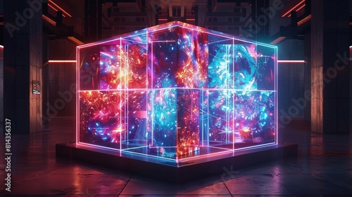 An interactive digital display featuring a rotating gift box, its sides flickering between various abstract, neon art styles