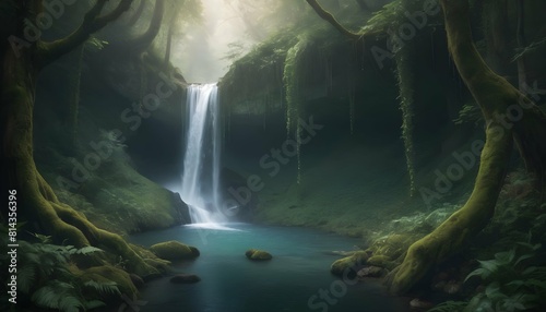 A hidden waterfall nestled deep in a mystical fore photo