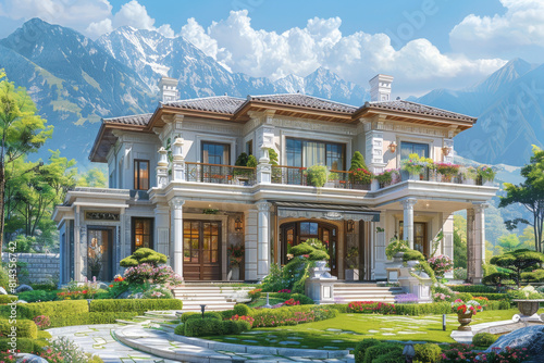 Exterior of a beautiful house with mauntains at back. Created with Ai