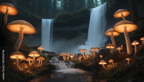 A waterfall surrounded by a forest of glowing mush upscaled_4 photo