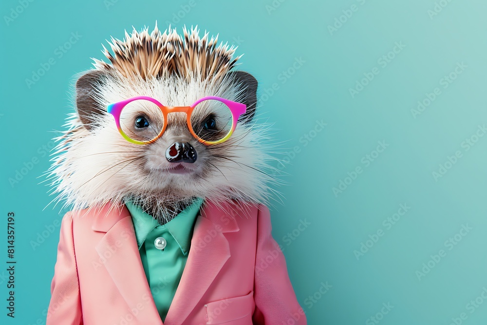 A hyper realistic portrait of an anthropomorphic hedgehog in pink suit and colorful glasses A hyper realistic portrait of an anthropomorphic hedgehog in pink suit and colorful glasses