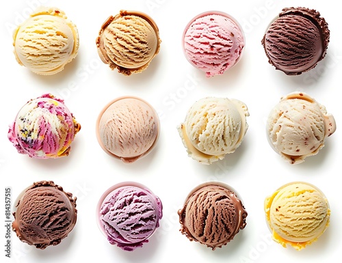 a grid of different ice cream flavors, each with isolated white background, 