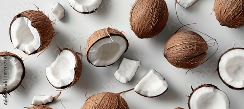 A falling coconut with opened and half coconuts on a white background,