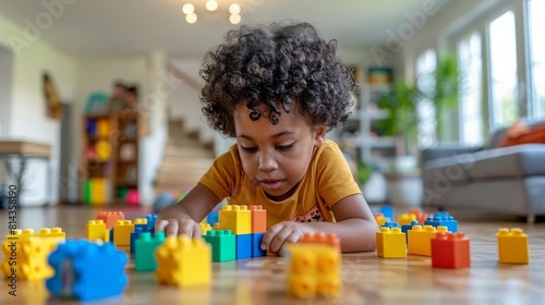 Over the shoulder perspective of a preschooler carefully stacking blocks on the floor, their face scrunched up in concentration as they build a tower photo