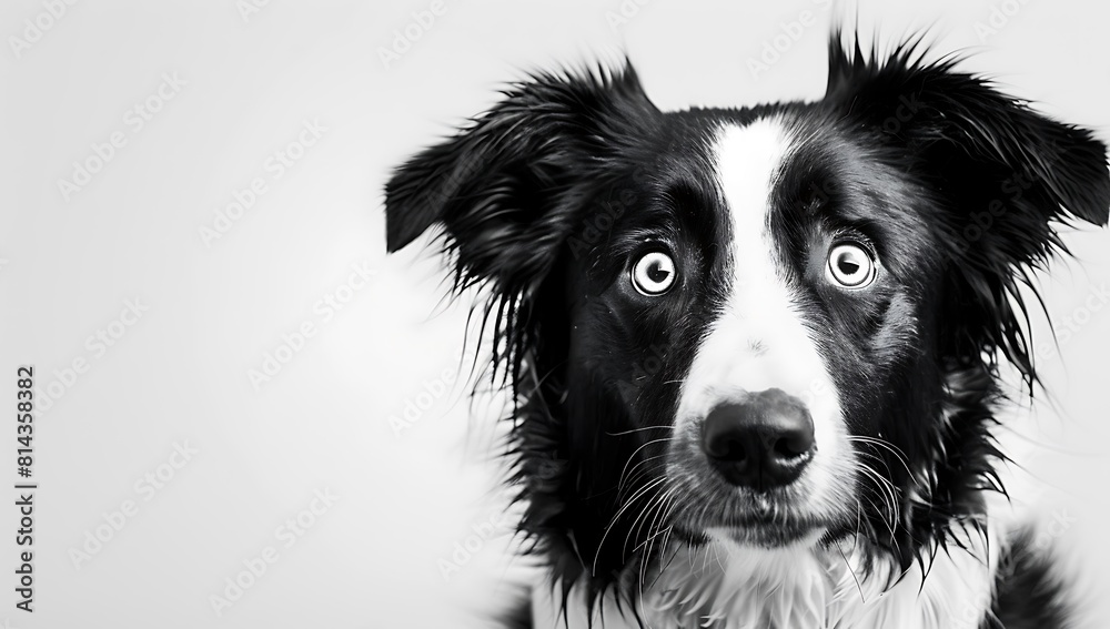 Fototapeta premium A black and white border collie with surprised eyes, against a white background