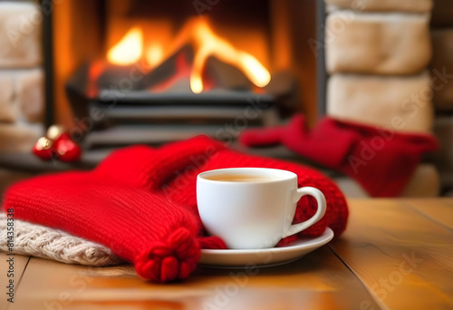 A cup of hot drink next to a lit fireplace with a cozy red knitted scarf on a wooden table